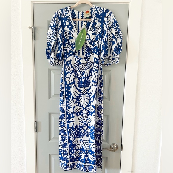 Rare NWT Farm Rio Jungle Scarf Midi Dress Cutout Birds Blue White Navy - Picture 10 of 14
